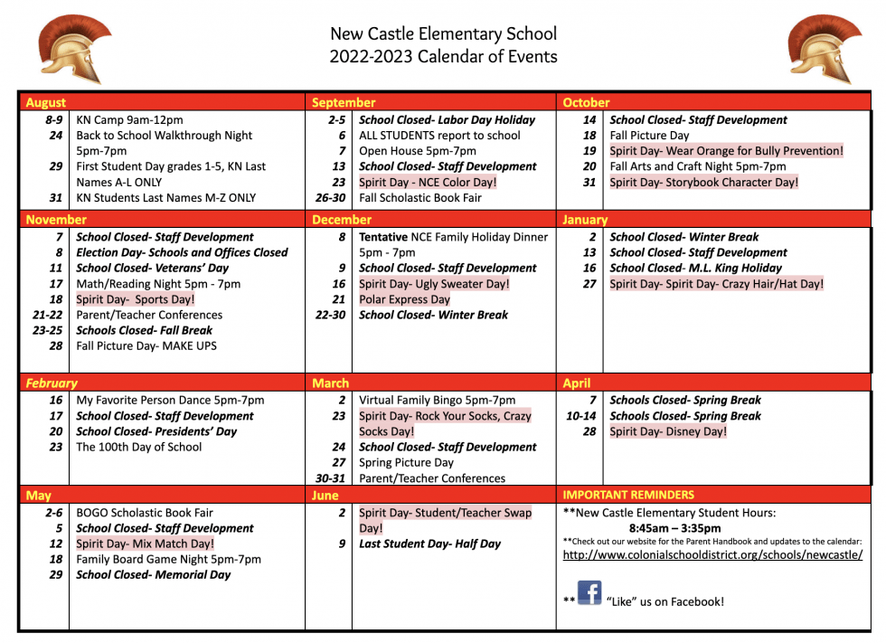 Calendar New Castle Elementary School
