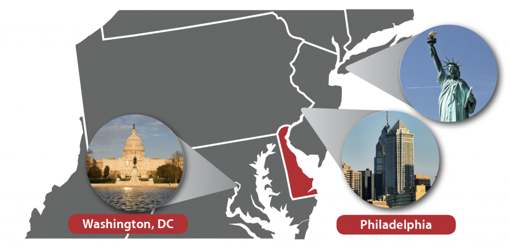 An ideal location to live and work, we’re located in New Castle, Delaware and within 45 minutes of Philadelphia, one hour to the beaches, and two hours to Washington, DC.