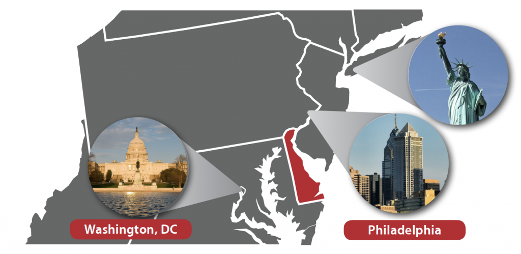 Map-New-Castle-DE-Colonial-School-District-DE An ideal location to live and work, we’re located in New Castle, Delaware and within 45 minutes of Philadelphia, one hour to the beaches, and two hours to Washington, DC.